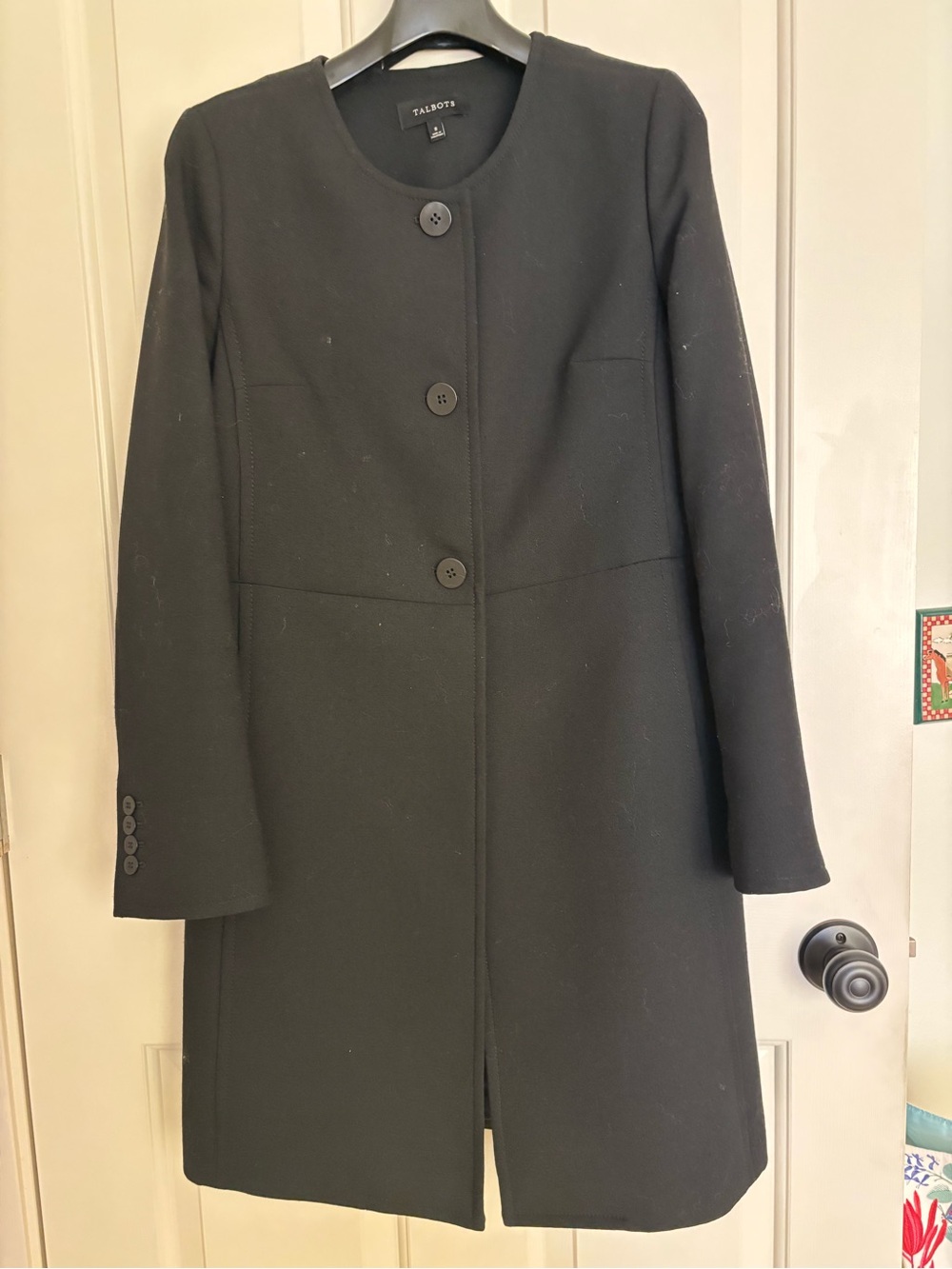 Talbots Black Round-Neck Wool-Blend Long Coat